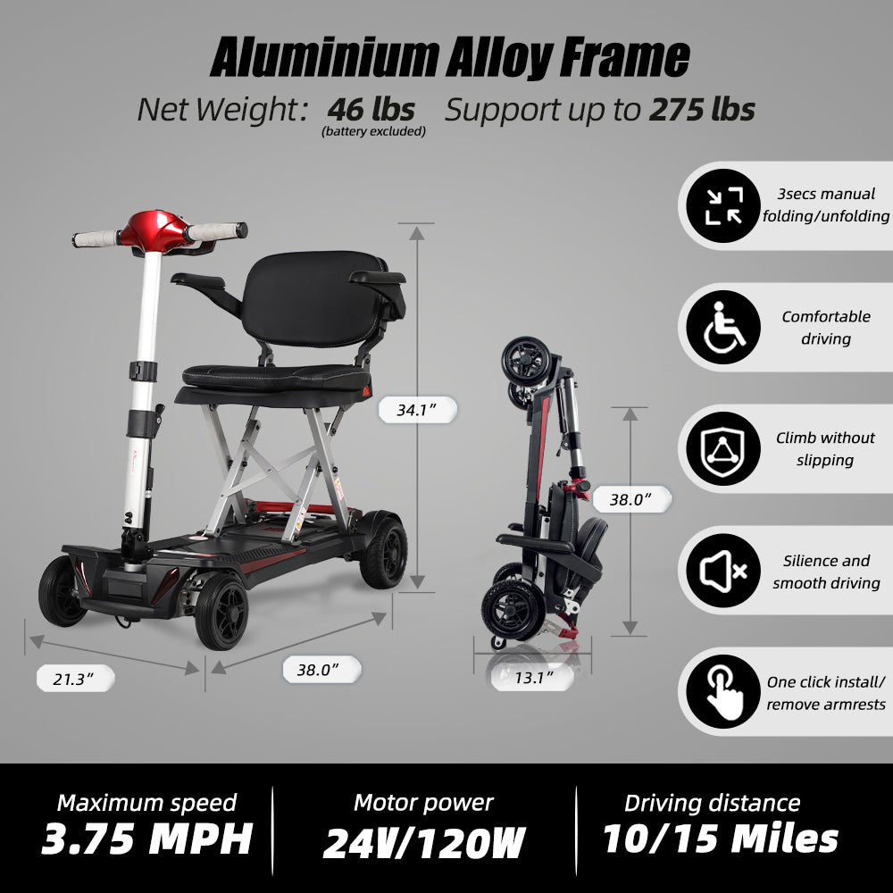 Red and silver foldable mobility scooter with black seat lightweight aluminum frame