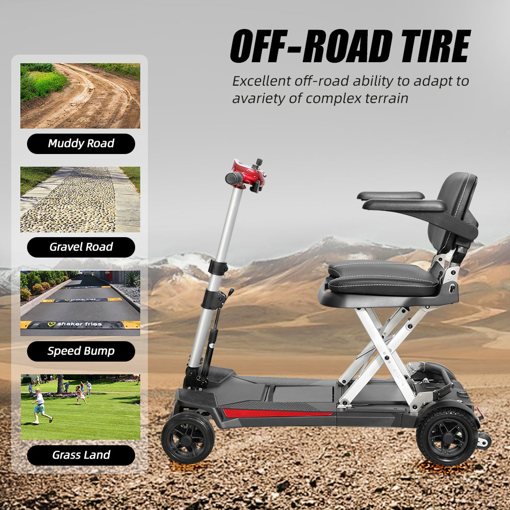 Foldable mobility scooter with offroad tire capabilities on uneven terrain