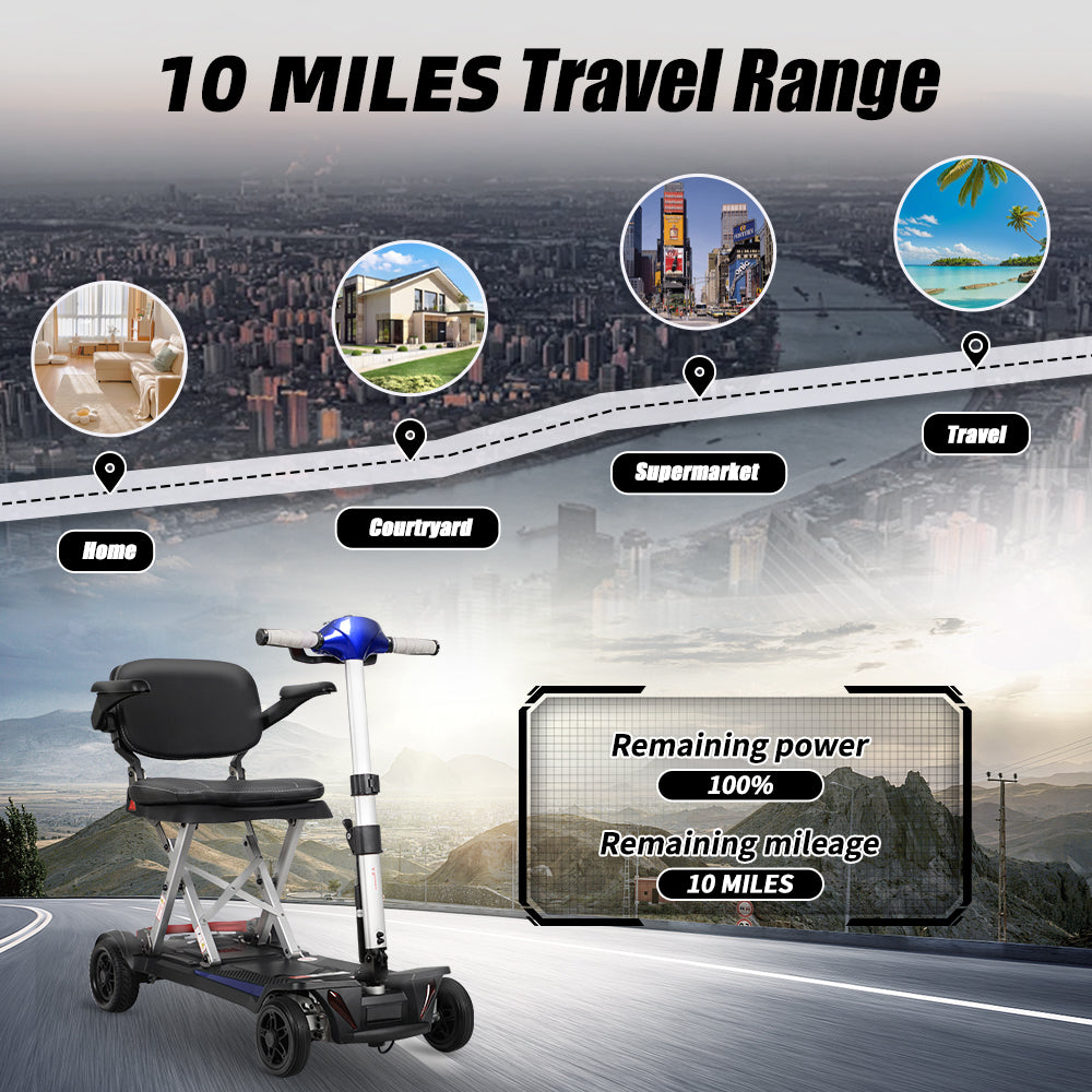 Foldable travel scooter with blue handlebars and black seat ideal for  miles range