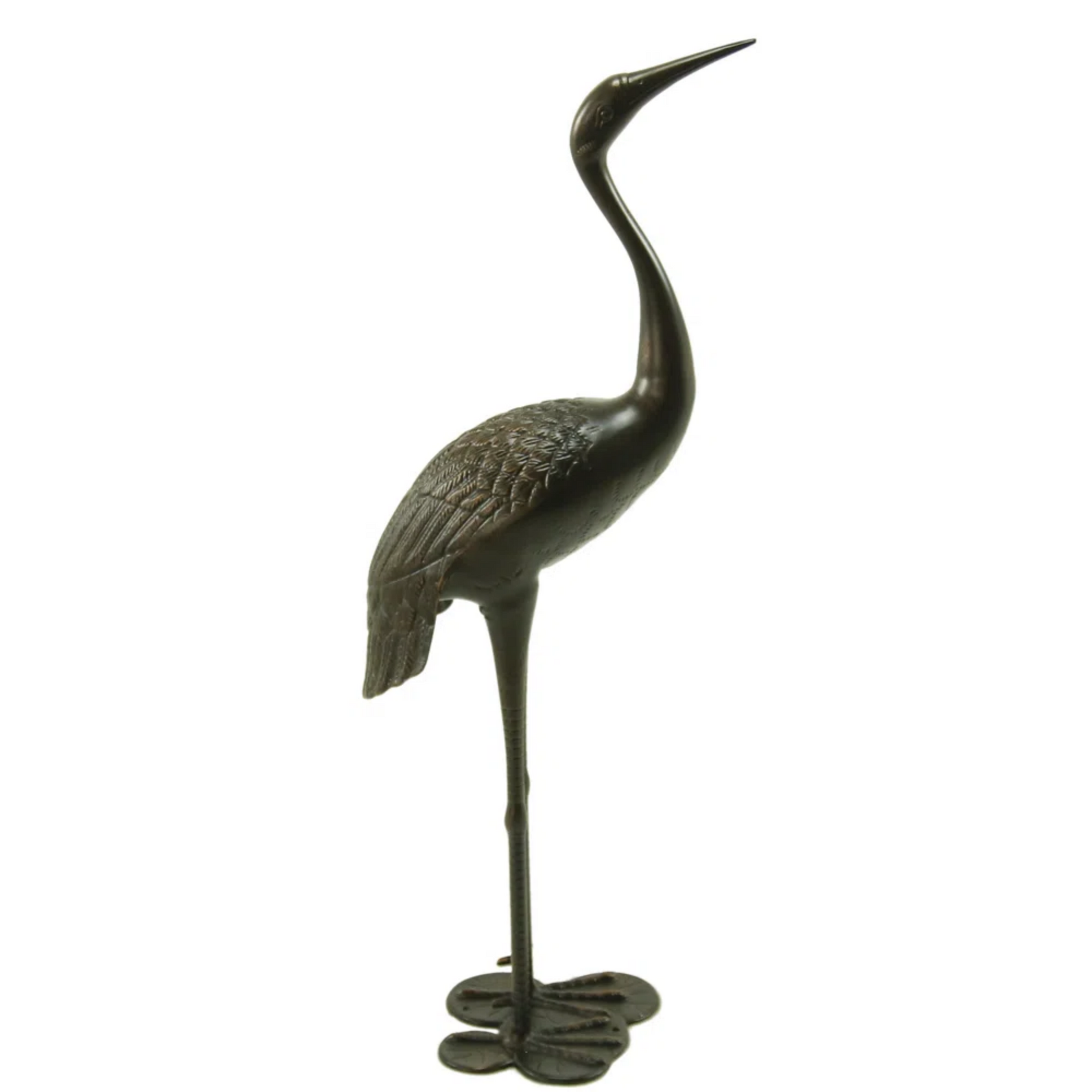 Dark bronze crane statue with textured wings elegant pose standing on a leafshaped base