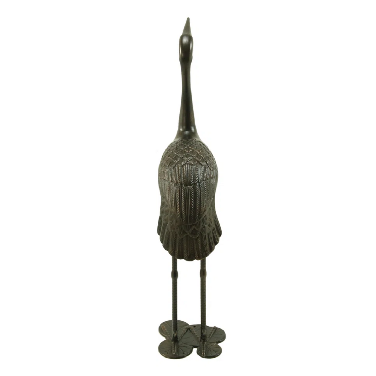 Dark bronze decorative crane statue with detailed feathering and elegant stance