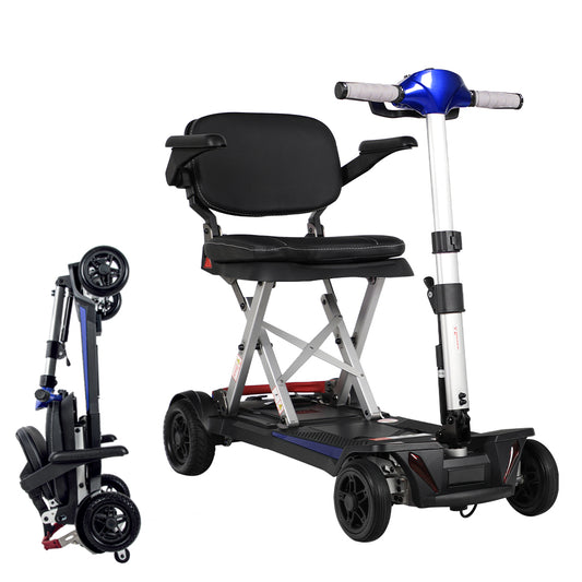 Black and blue folding mobility scooter with padded seat and armrests