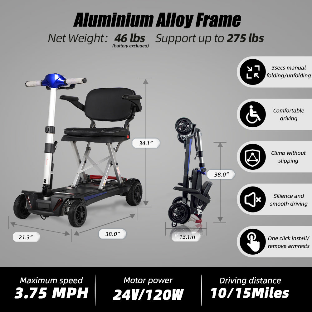 Foldable mobility scooter with blue accents aluminum alloy frame  height