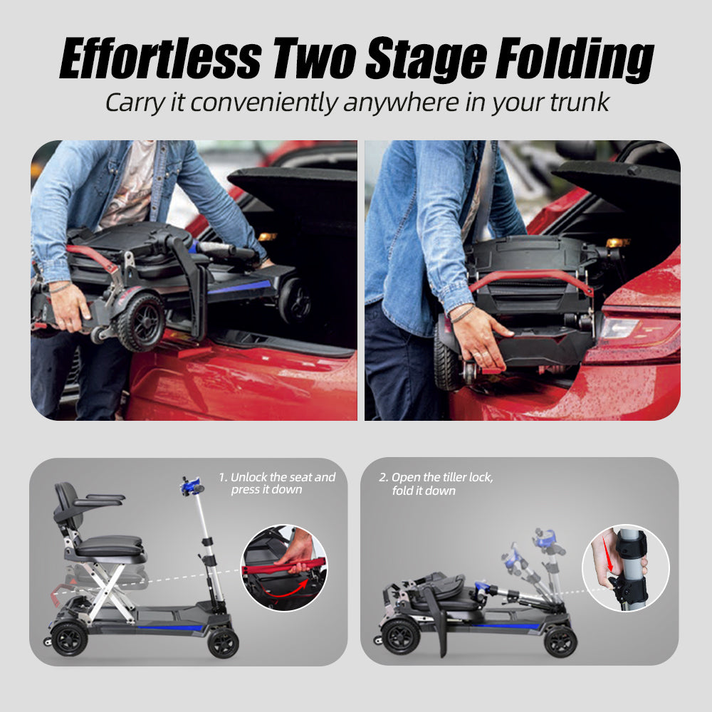 Person placing a folded mobility scooter into a car trunk