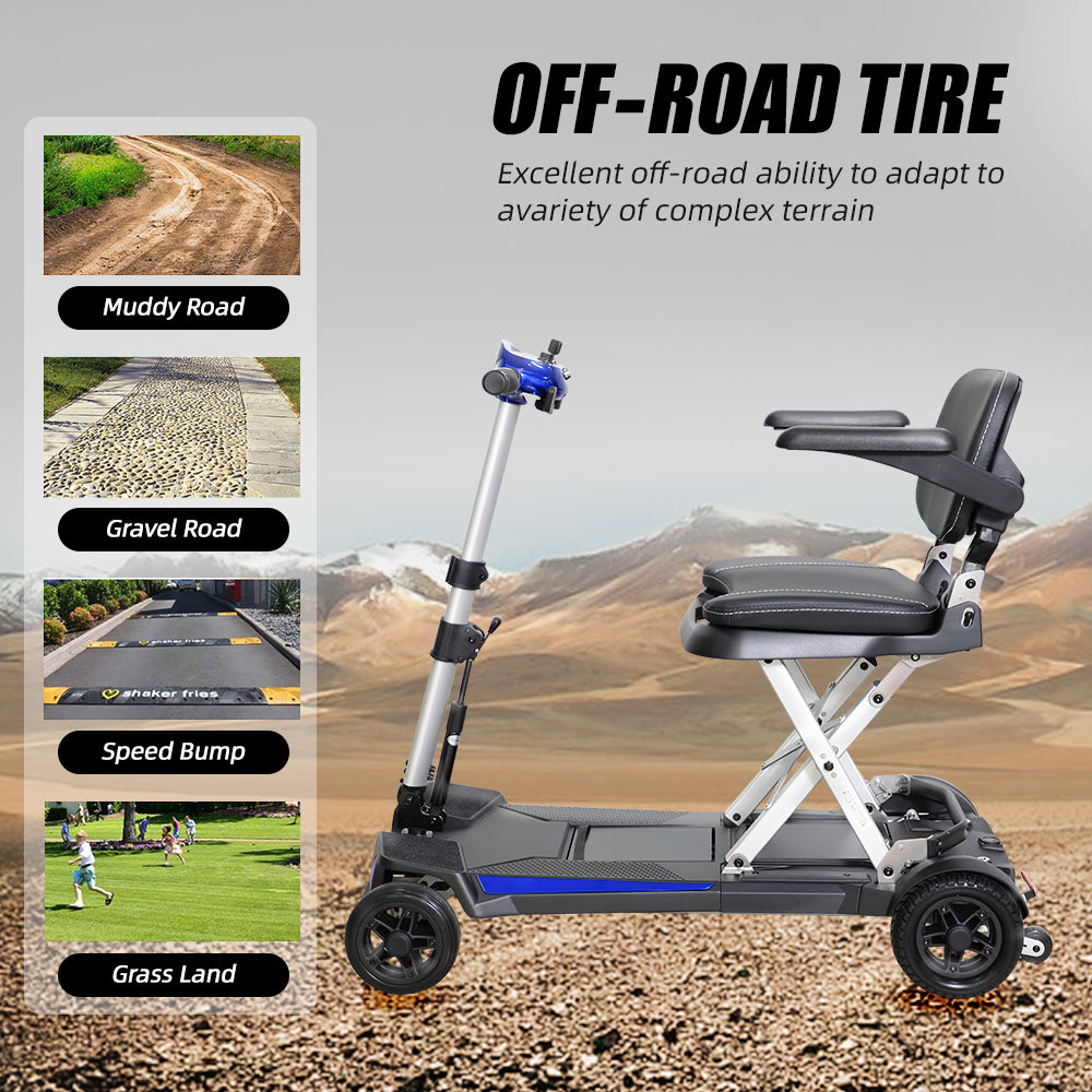 Blue and gray folding mobility scooter with offroad tire capability