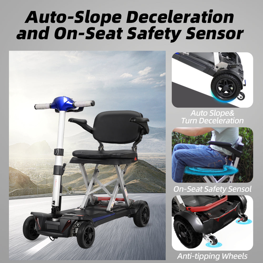 Folding mobility scooter with black seat and blue handlebars designed for seniors