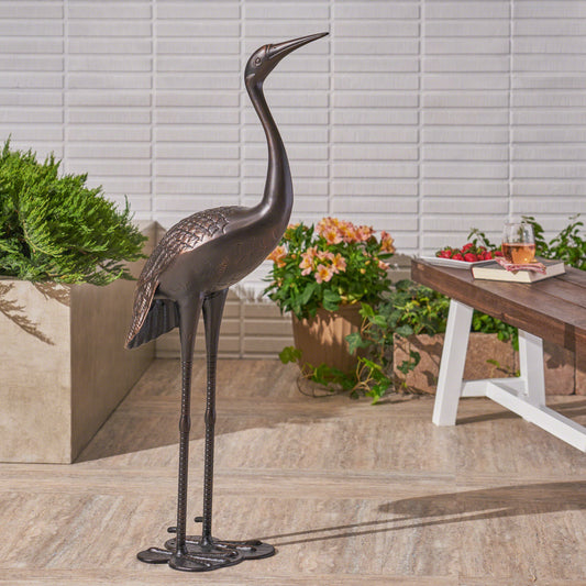 Bronze garden crane statue with intricate feather detailing perfect for outdoor decor