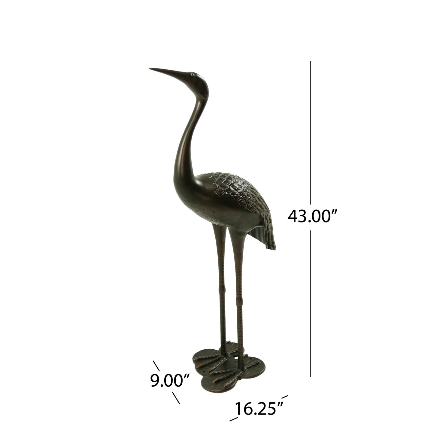 Tall bronze crane sculpture with textured feather detail and naturalistic base