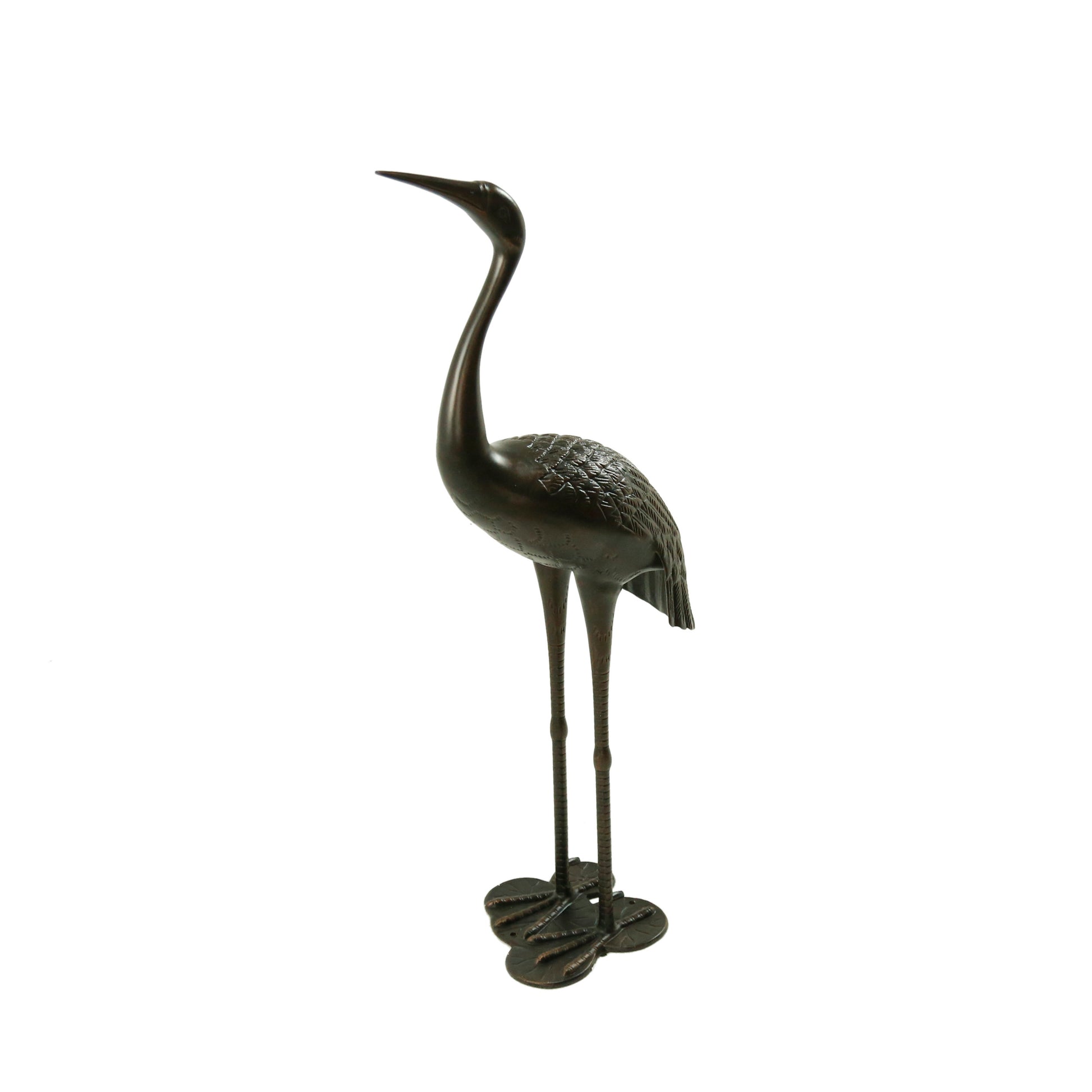 Dark bronze decorative crane statue with detailed feather texture on body