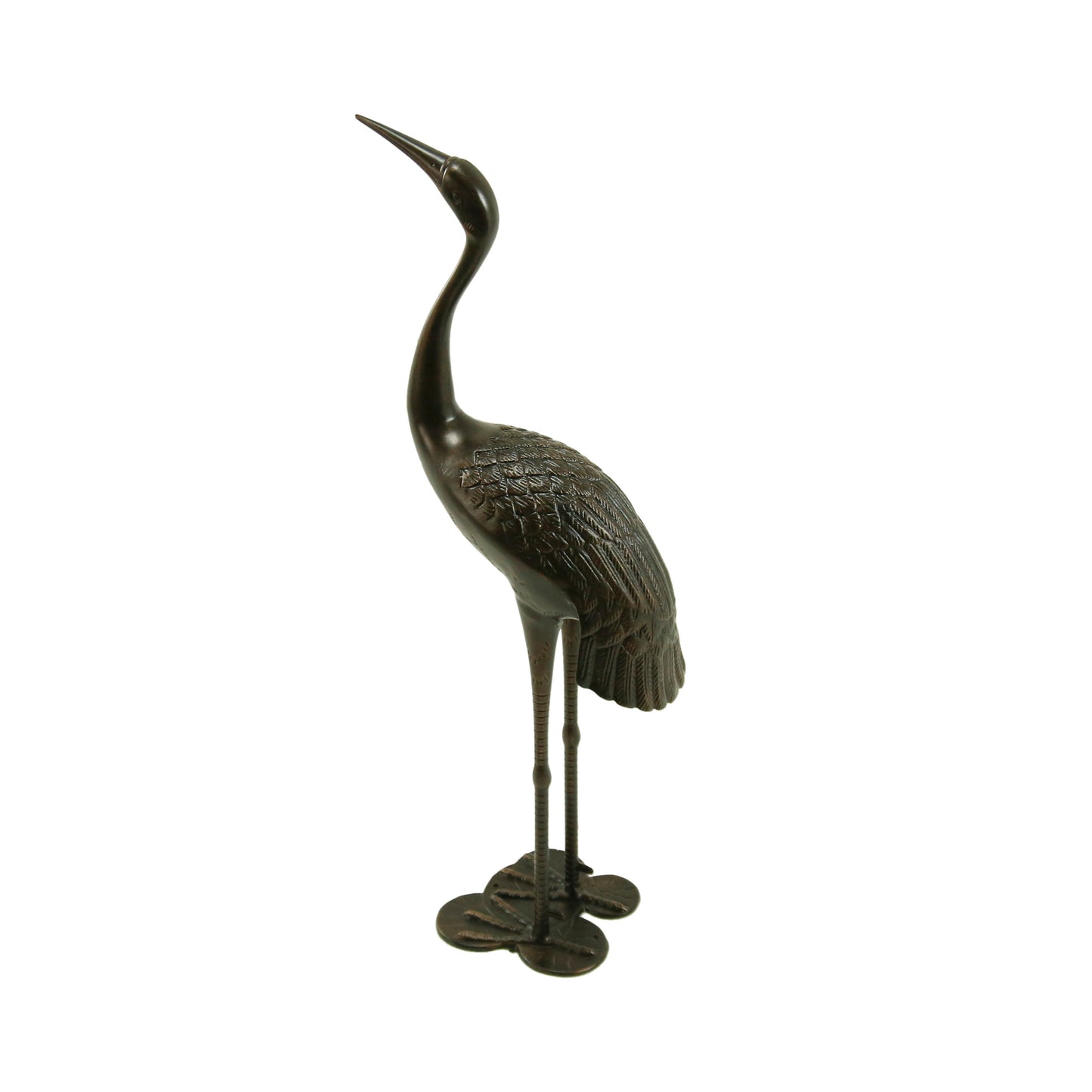 Detailed bronze crane statue with intricate feather detail a classic garden accent