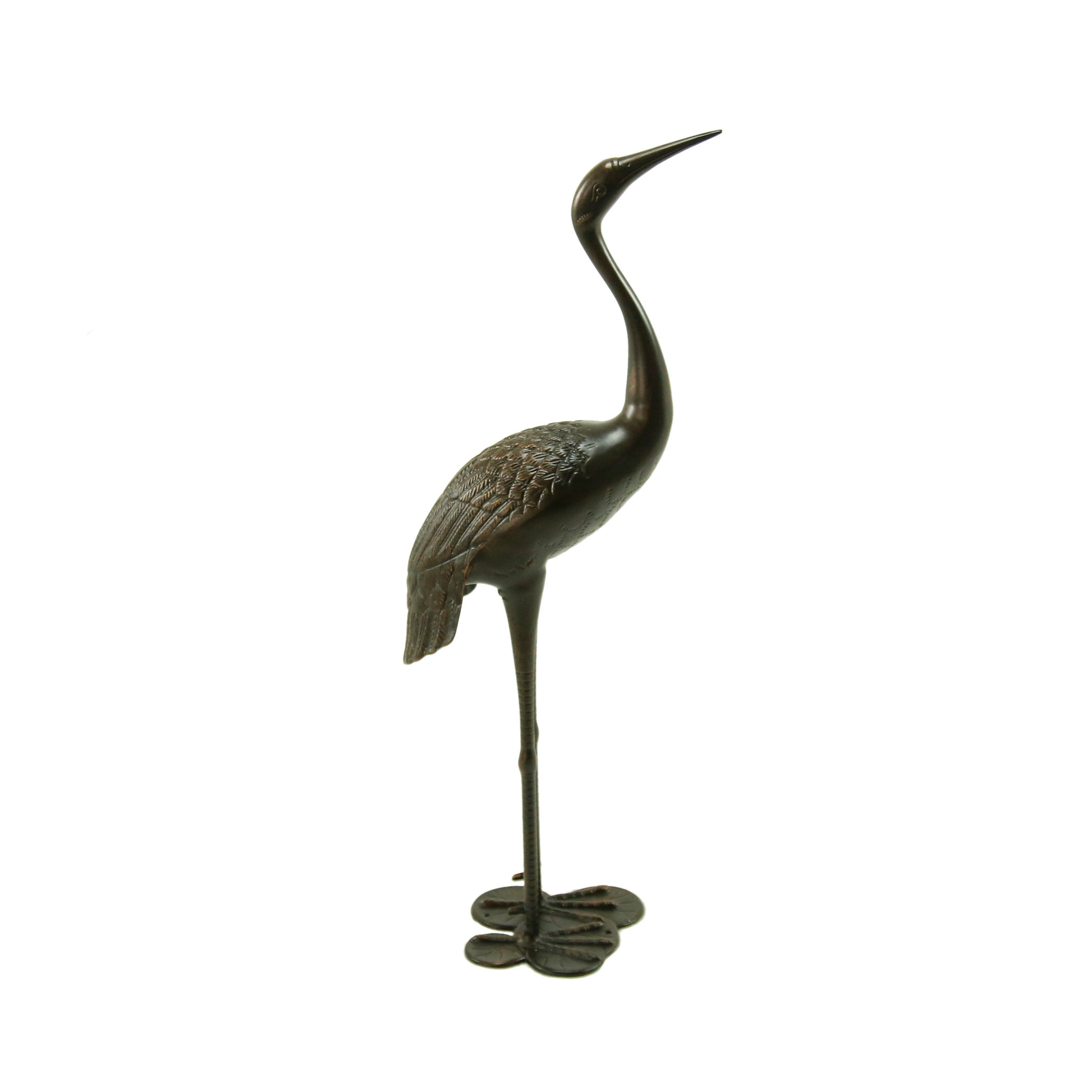 Bronze crane sculpture with detailed feathers and a lifelike pose