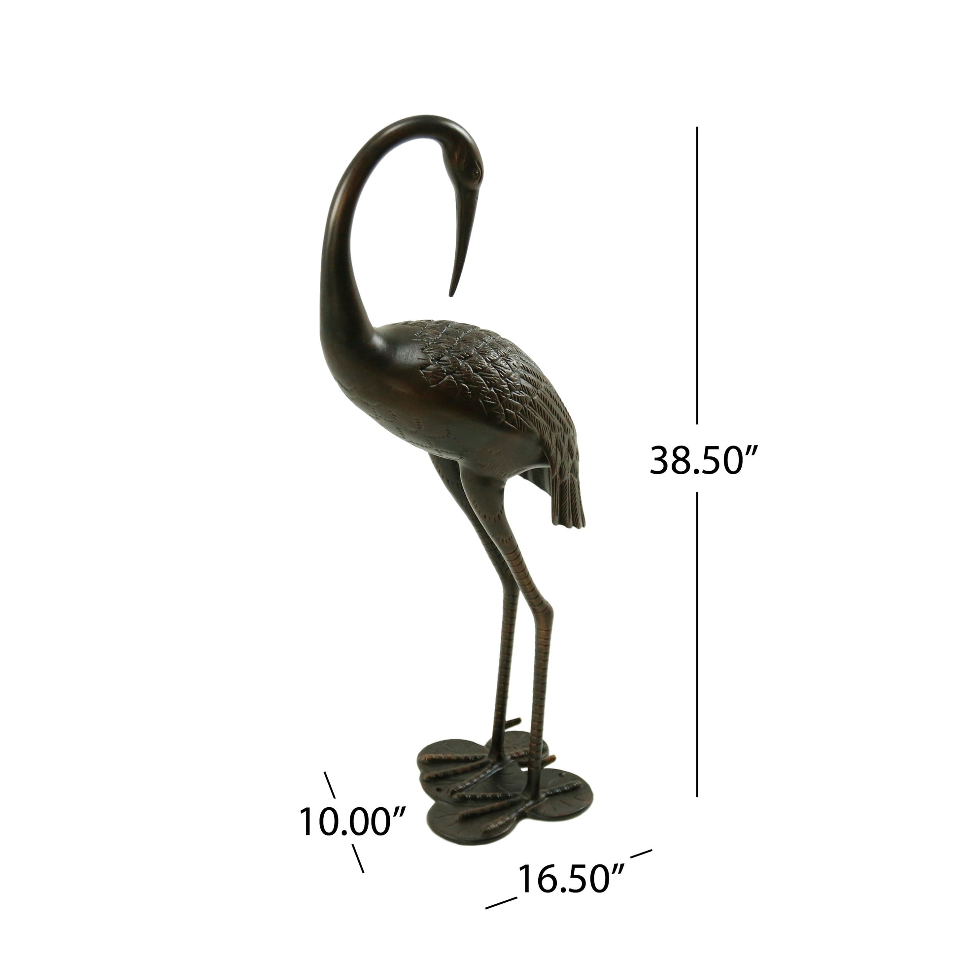 Tall bronze crane statue with intricate feather details and detailed feet
