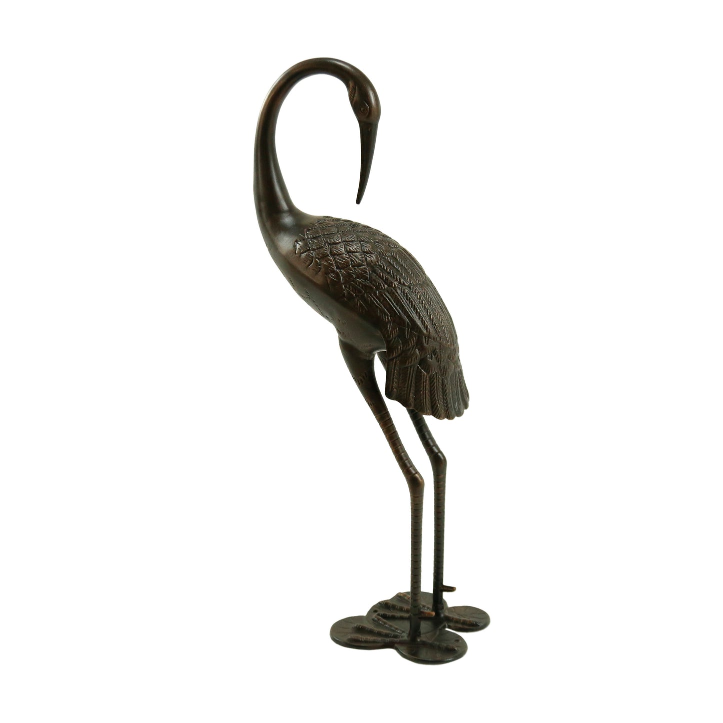 Bronze crane statue with intricate feather detail on a white background