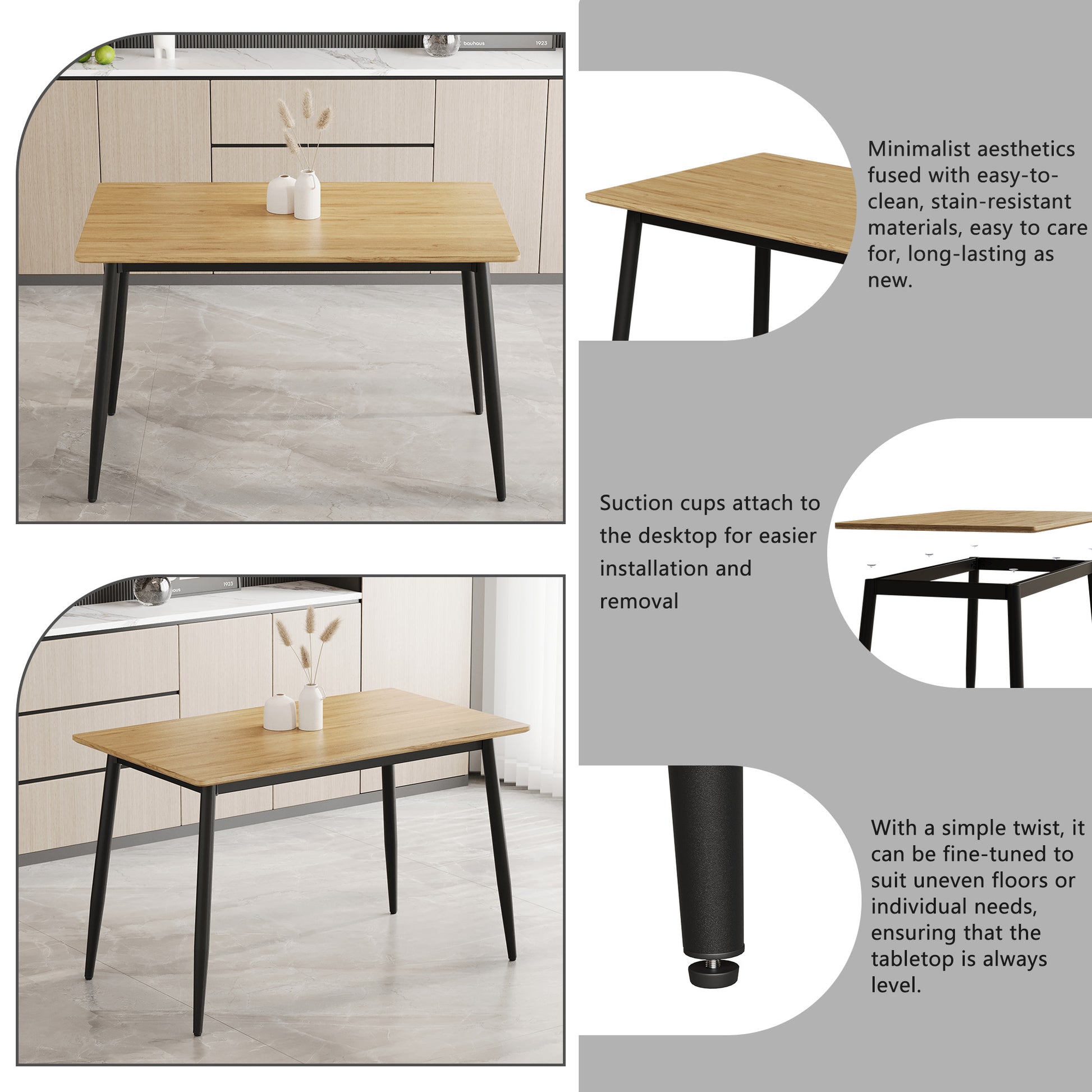 Modern dining table with light oak wood top and black metal legs perfect for any kitchen