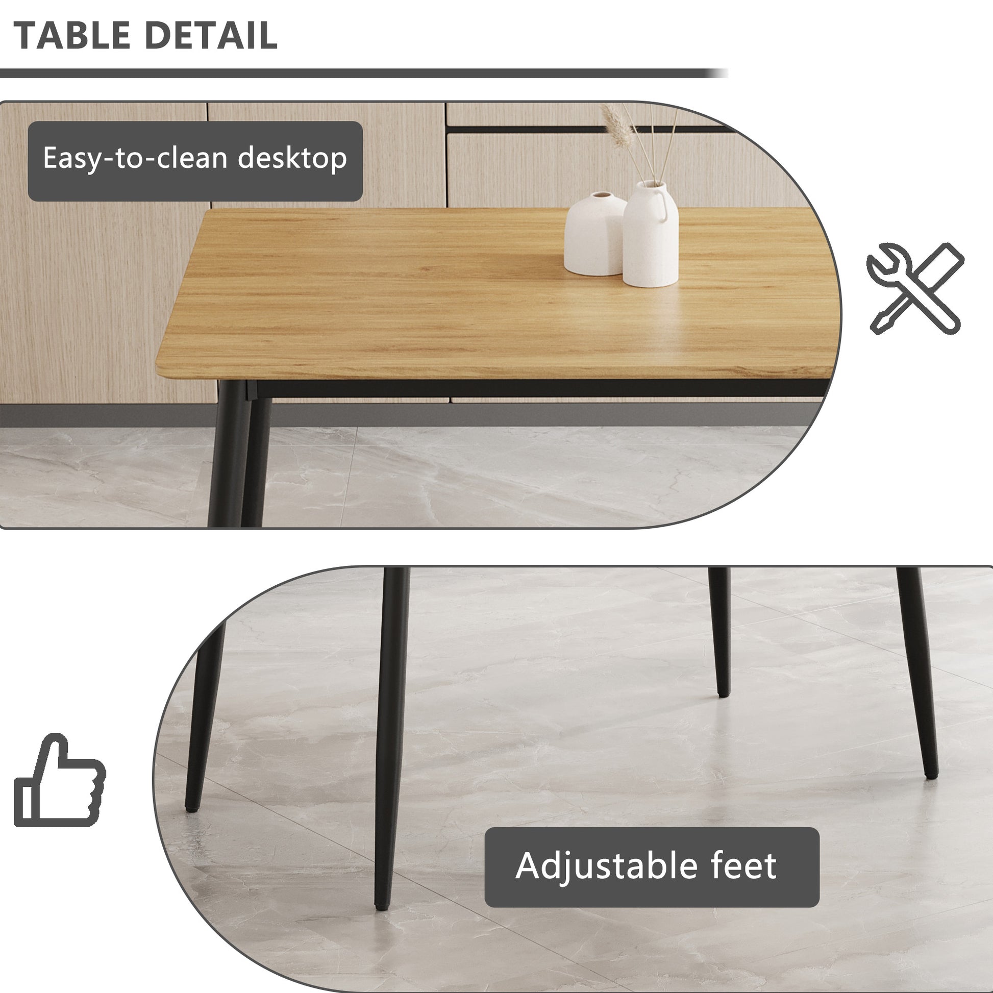 Wooden dining table with black metal legs and easytoclean surface