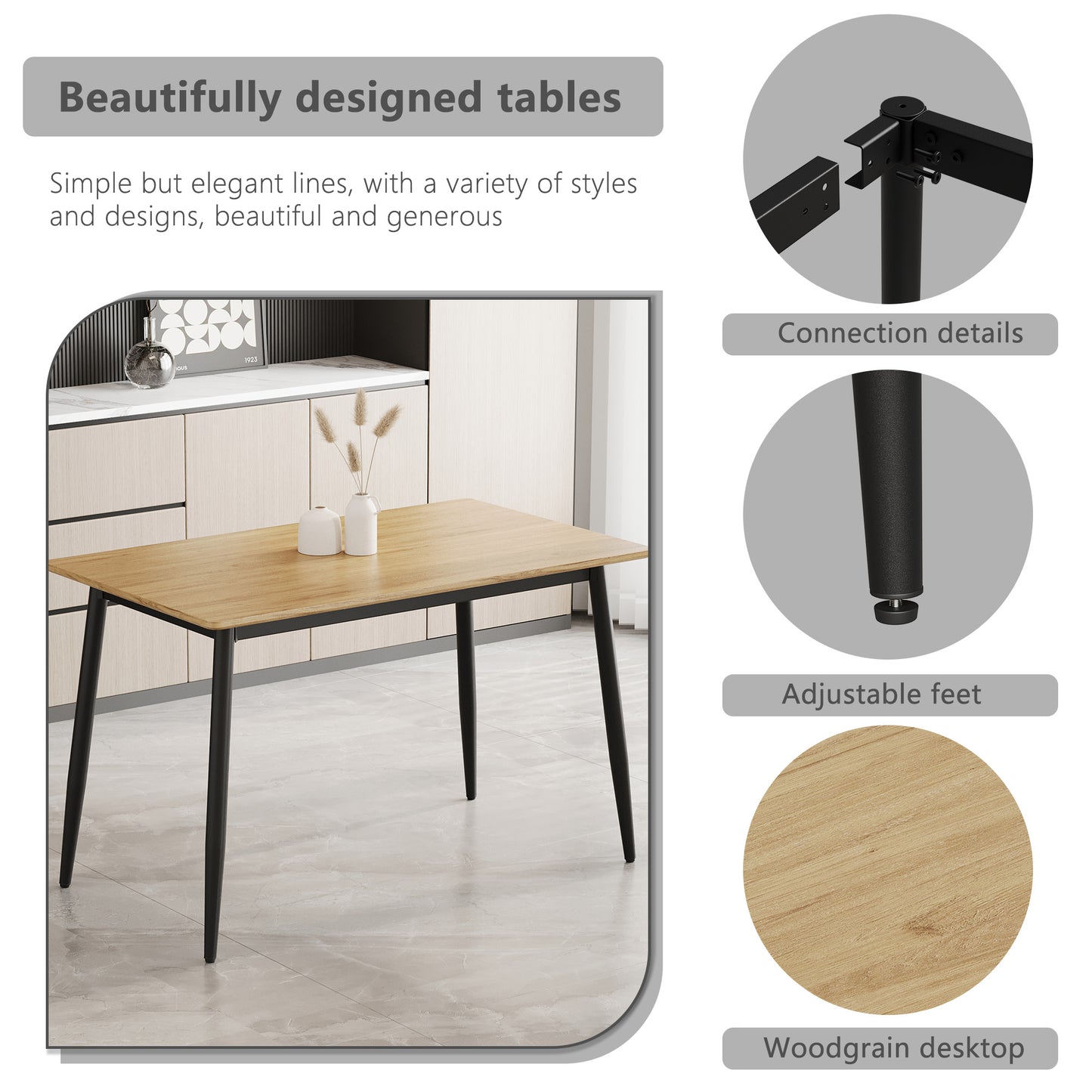 Rectangular wood grain dining table with black metal legs and adjustable feet