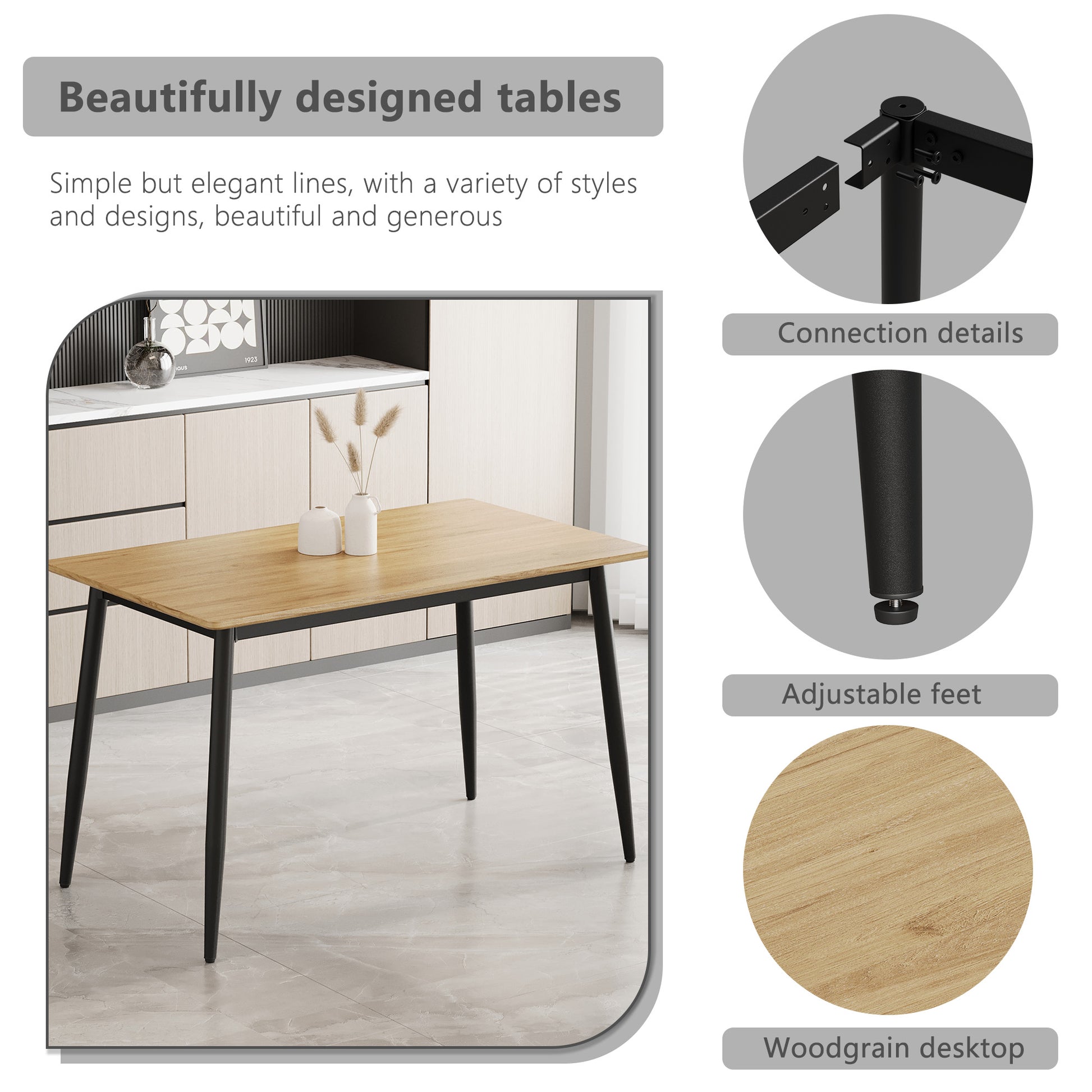 Rectangular wood grain dining table with black metal legs and adjustable feet