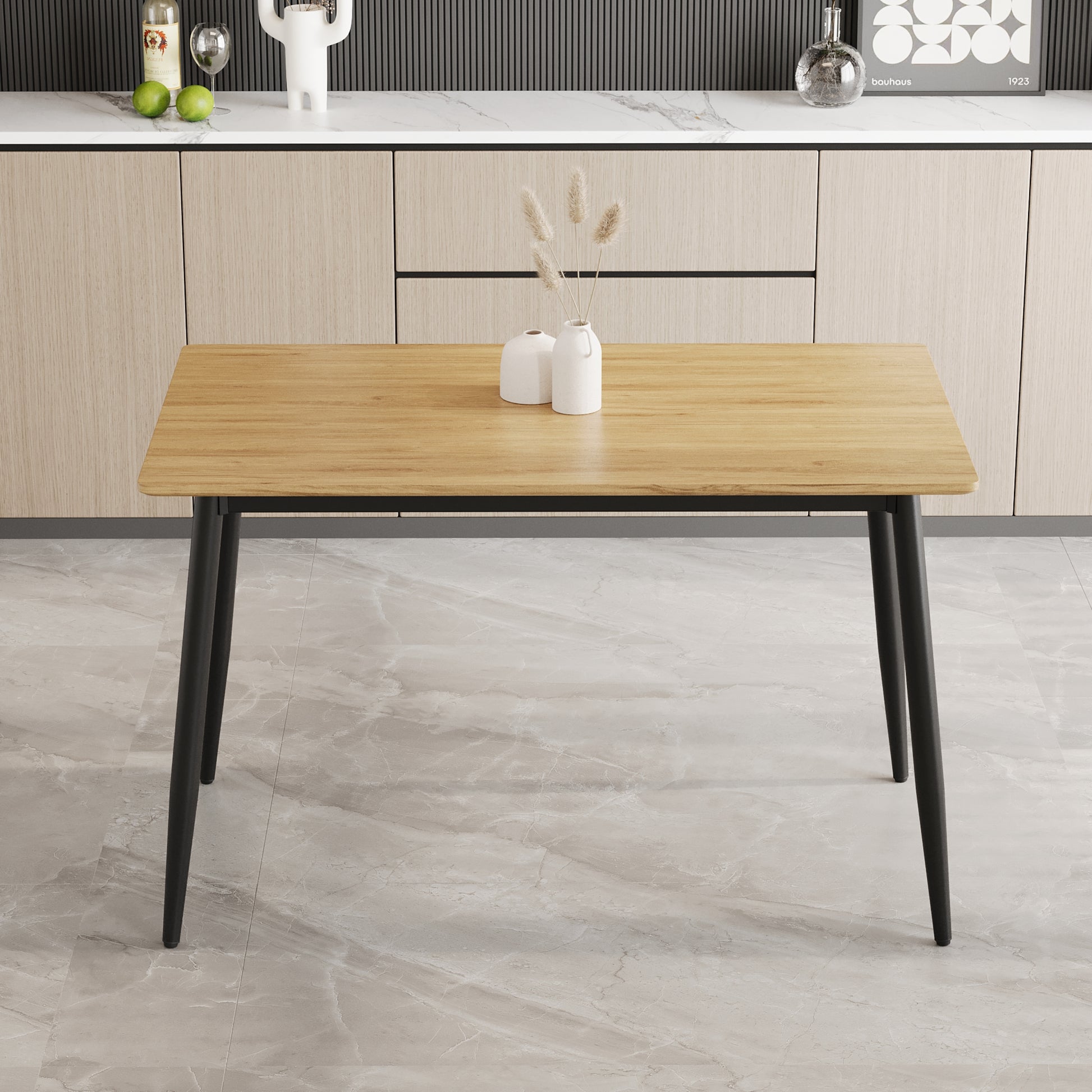 Wooden dining table with black tapered legs modern farmhouse style