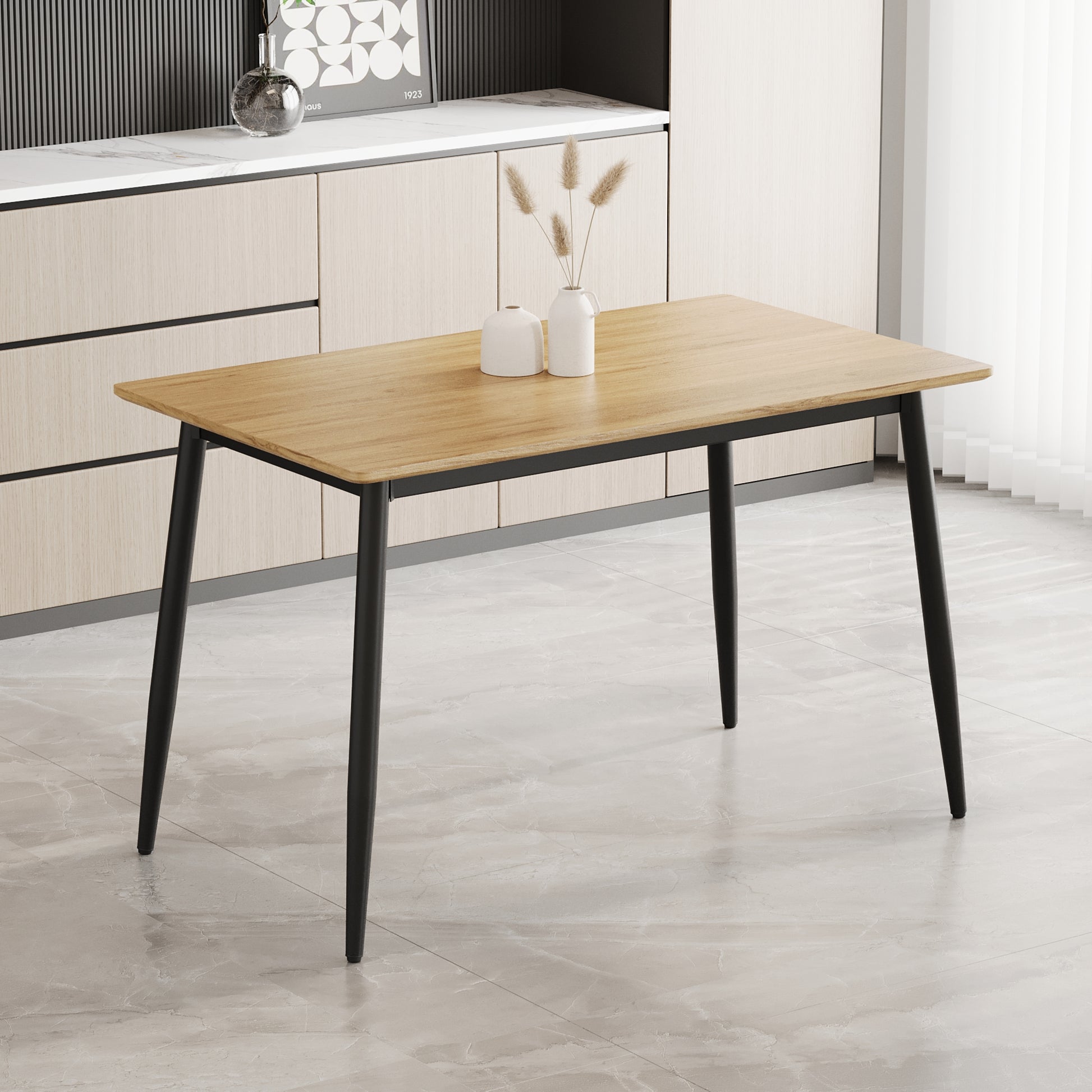 Rectangular dining table with natural oak wood top and black metal legs modern design for kitchen