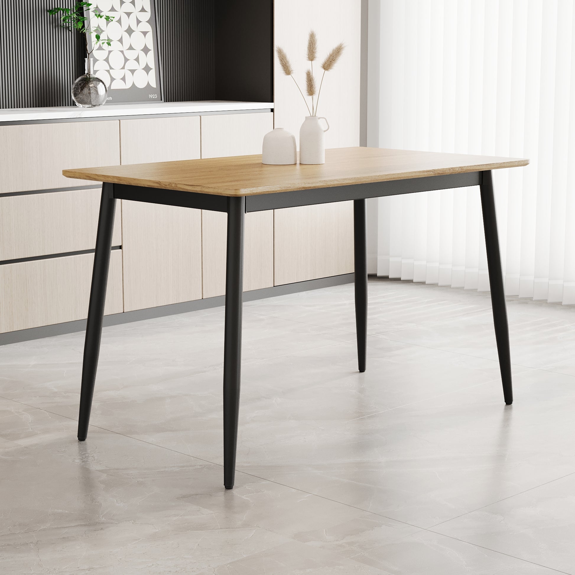 Light oak dining table with black metal legs perfect for modern kitchens