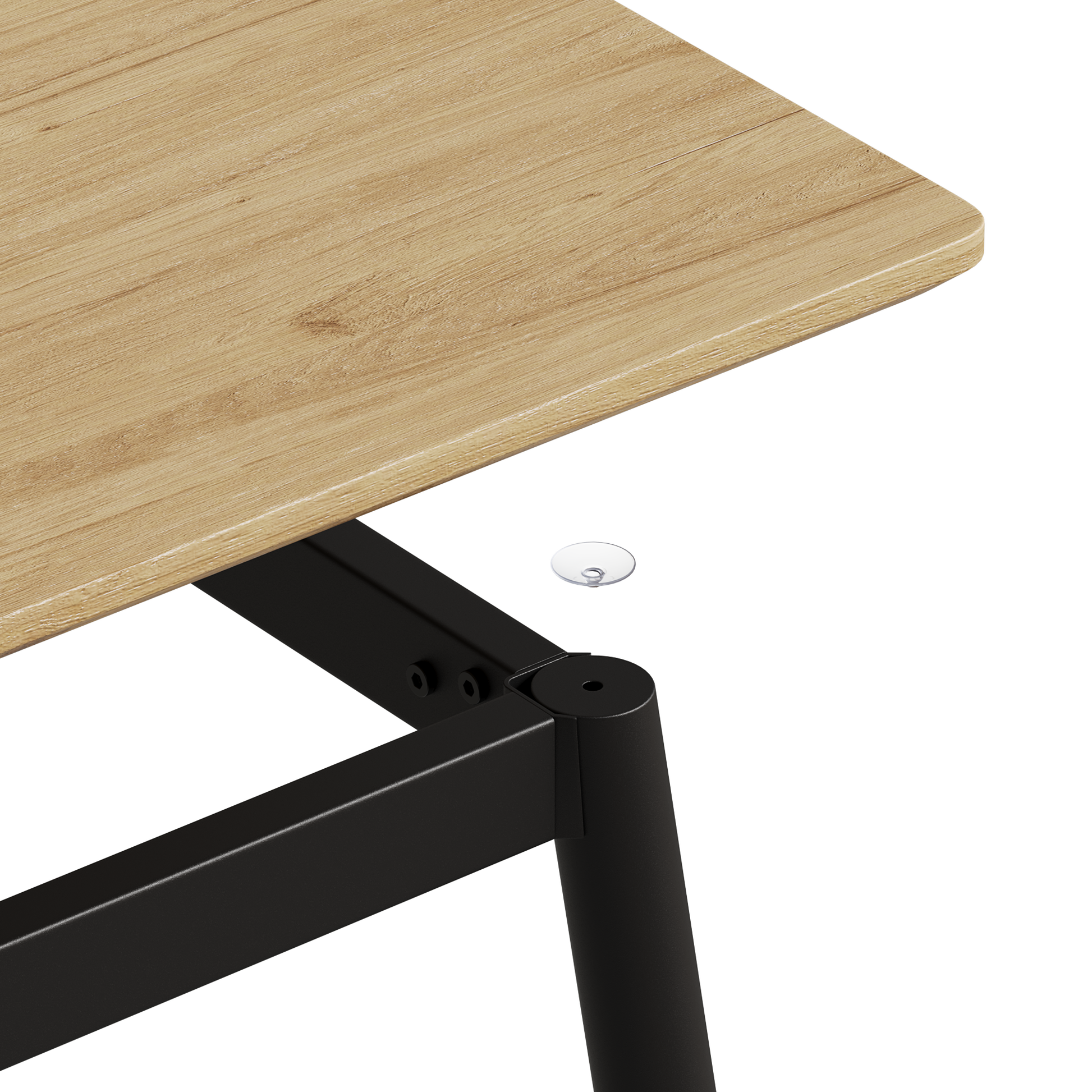 Light oak wood desk surface with black metal leg detail