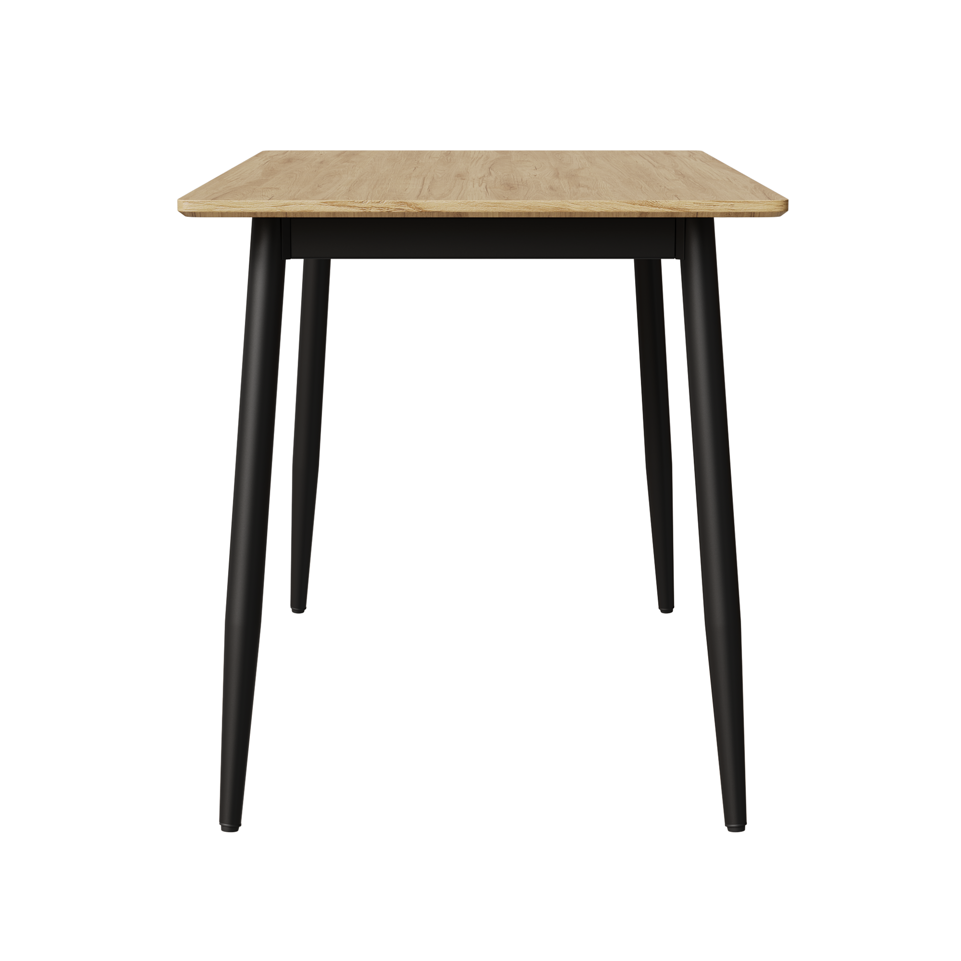 Light oak side table with black tapered legs and natural wood grain surface