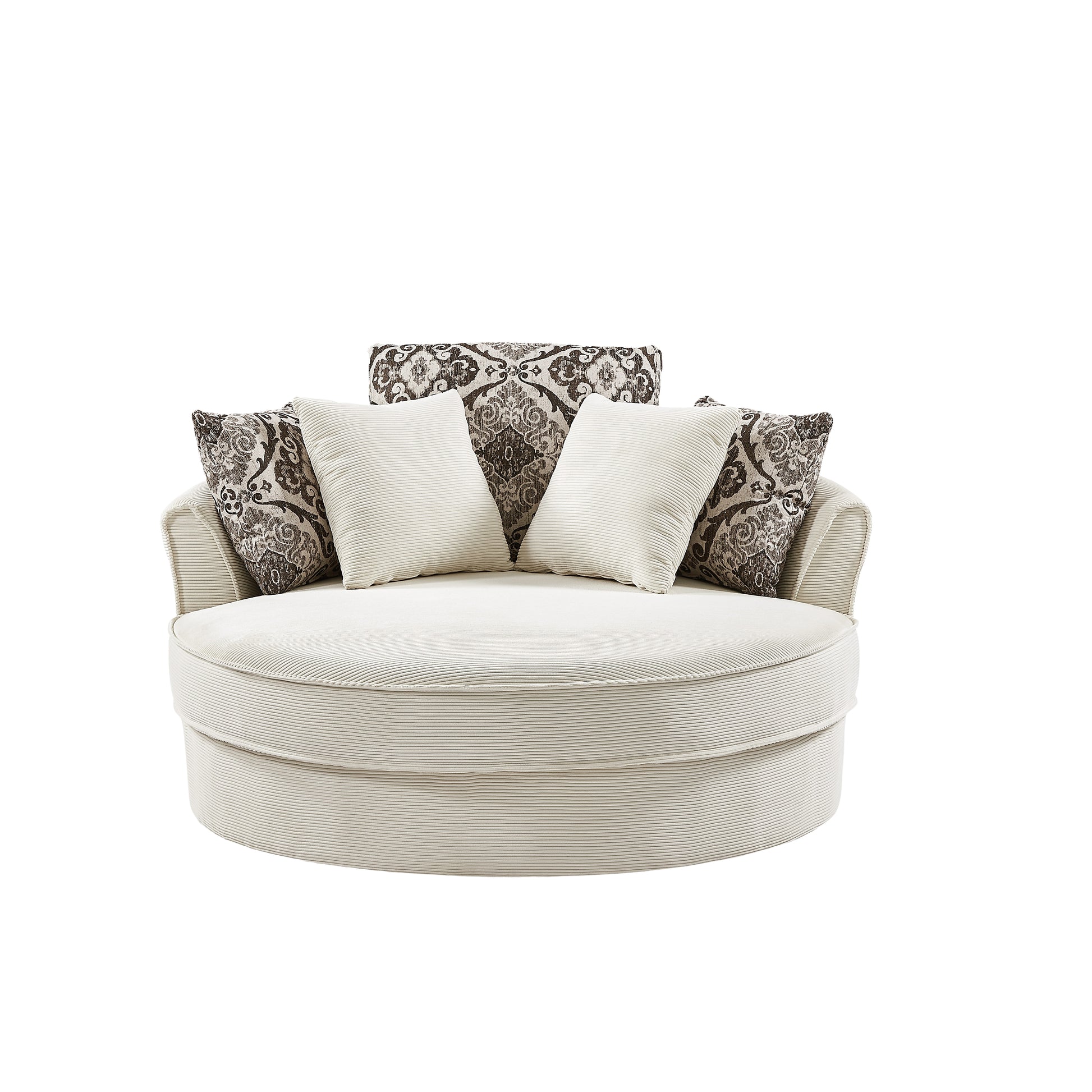Cream corduroy round sofa with ornate patterned accent pillows