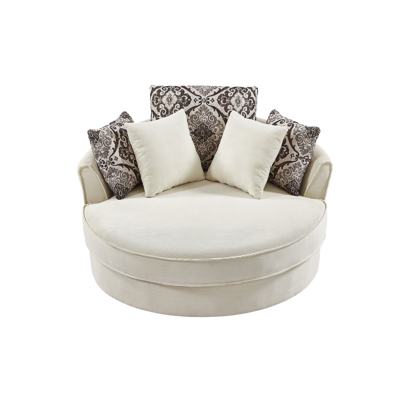 Comfortable cream upholstered round sofa with patterned throw pillows