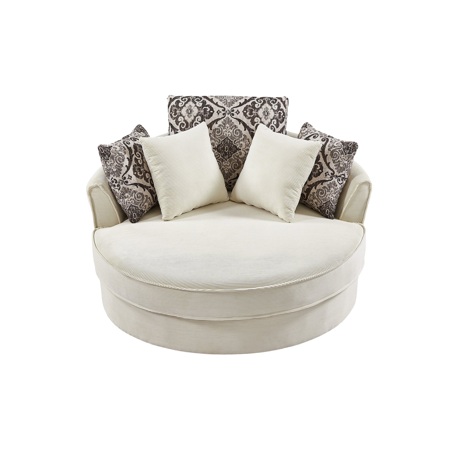 Comfortable cream upholstered round sofa with patterned throw pillows
