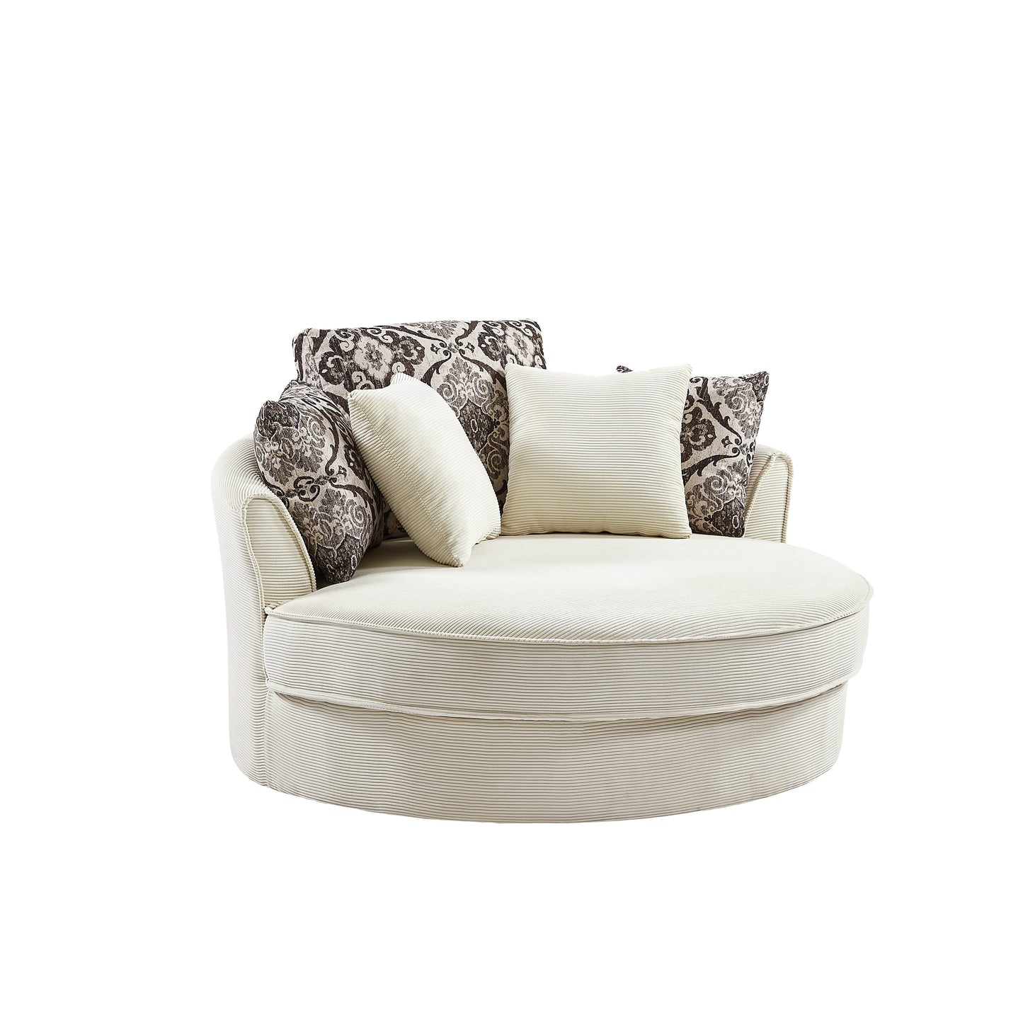 Cream corduroy accent chair with patterned throw pillows