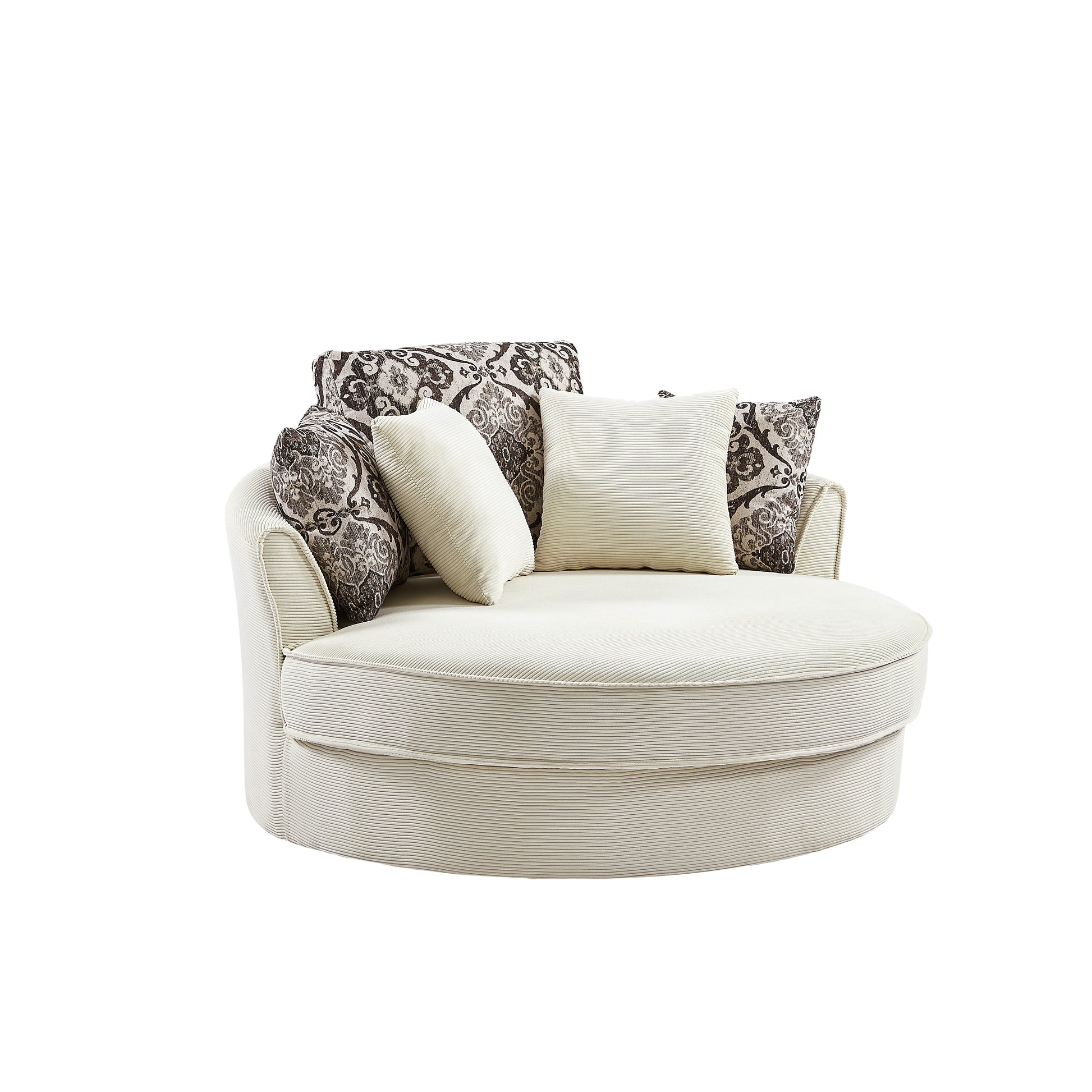Cream corduroy accent chair with patterned throw pillows