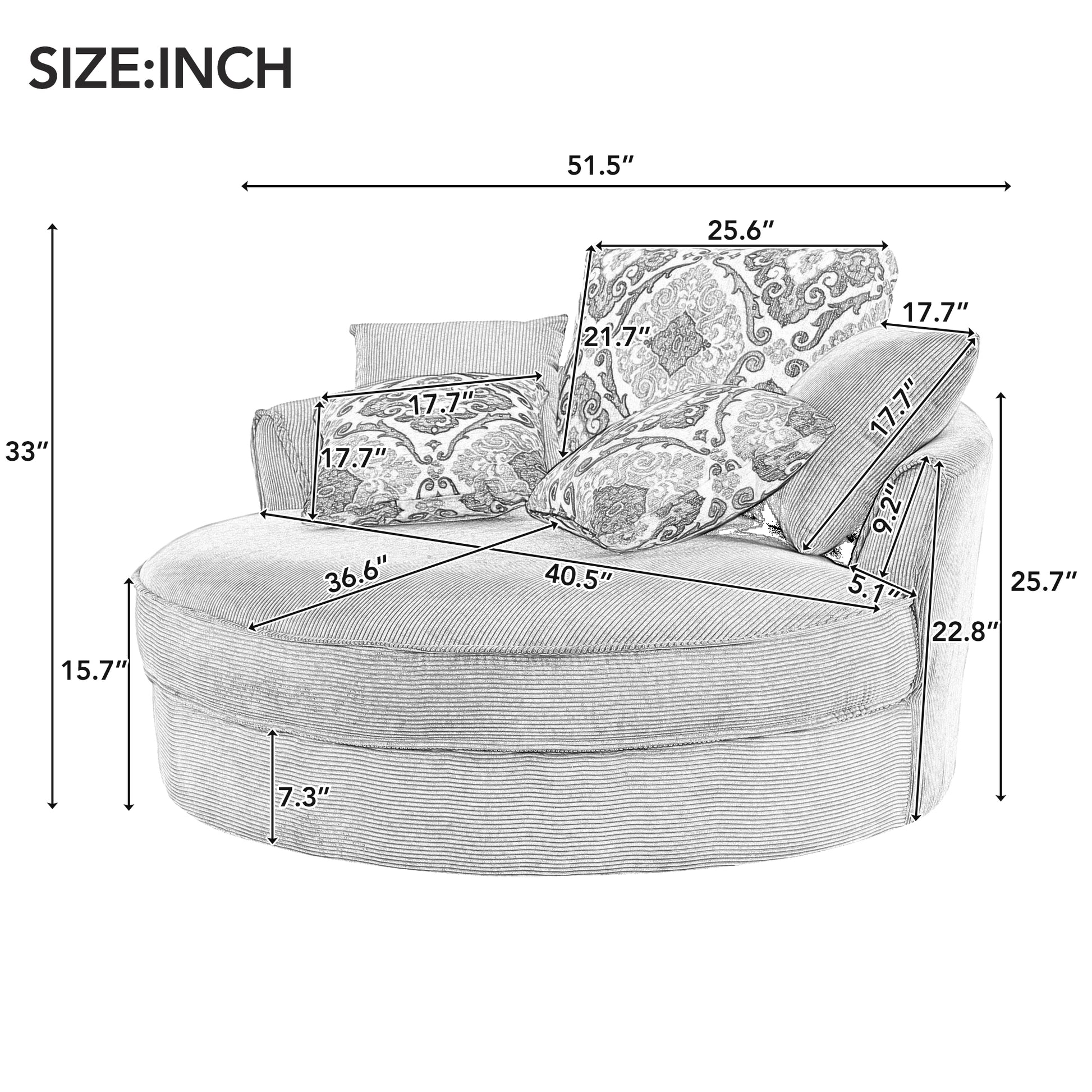 Swivel barrel chair in grey corduroy fabric with ornate patterned accent pillows