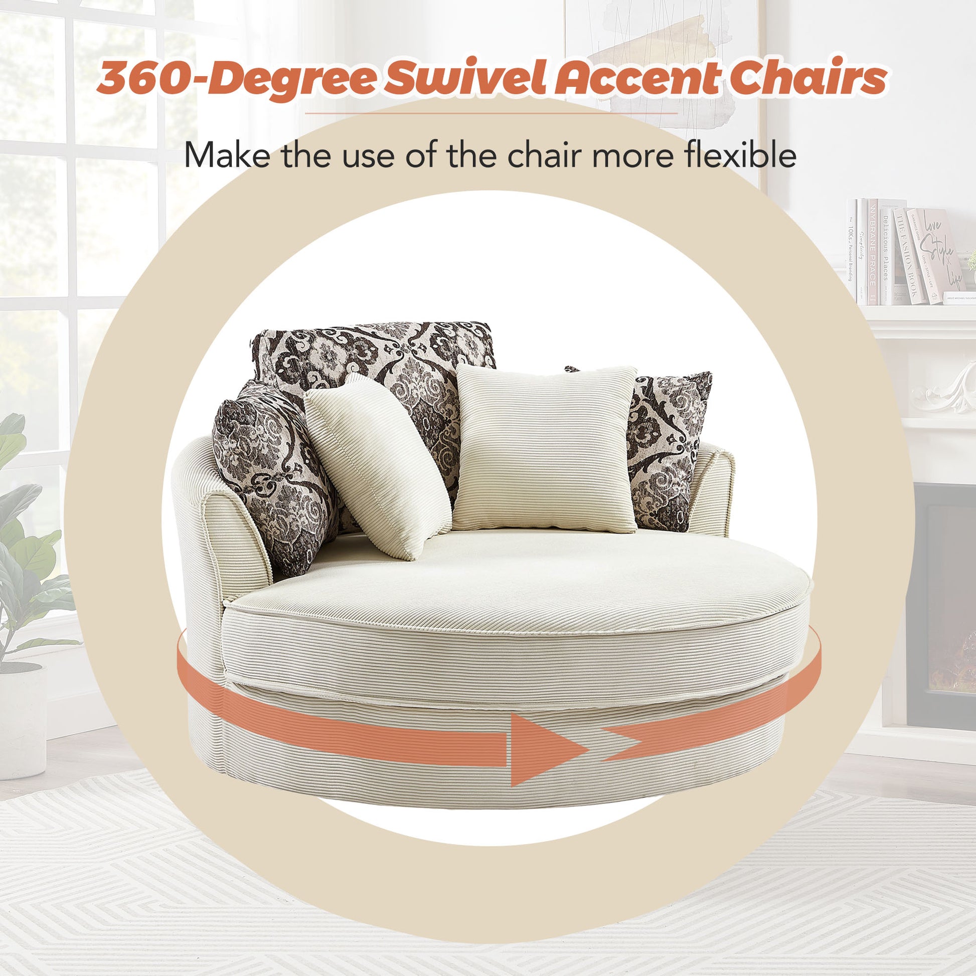 Cream corduroy accent chair with oriental patterned back pillows and swivel base