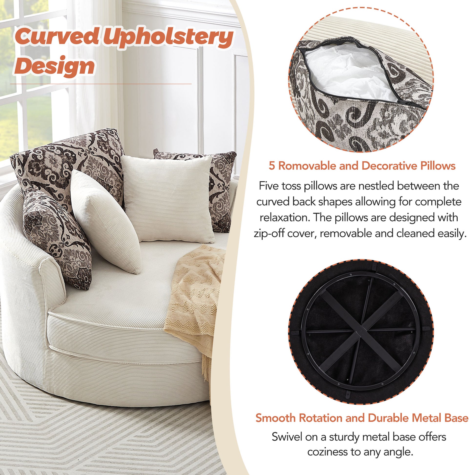 White corduroy barrel chair with removable patterned toss pillows elegant curved upholstery design