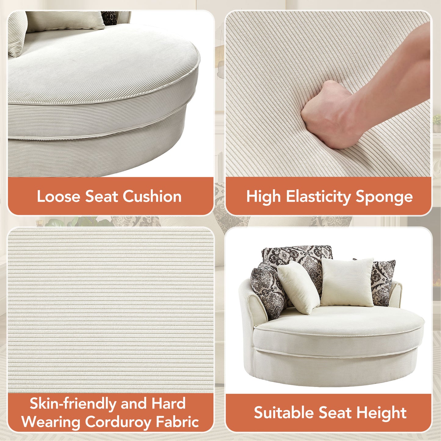 Cream corduroy armchair with loose seat cushion and decorative pillows
