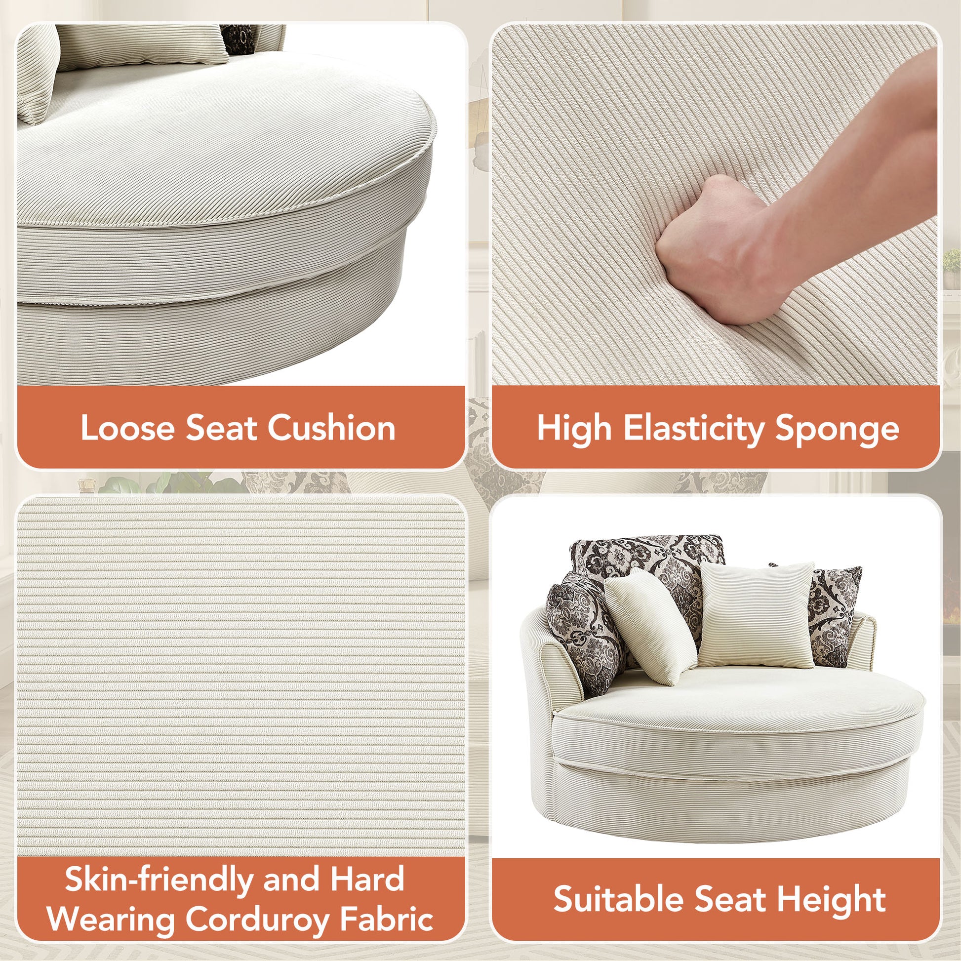 Cream corduroy armchair with loose seat cushion and decorative pillows