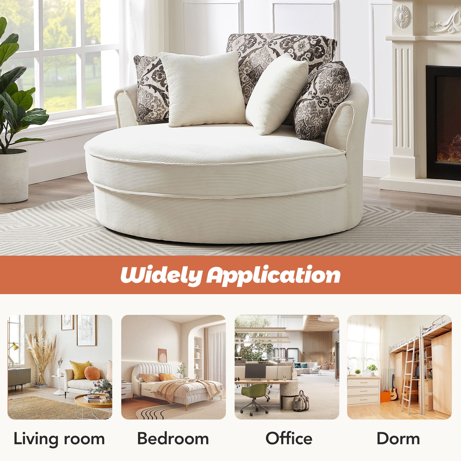 Cream corduroy round accent chair with decorative patterned pillows and a cozy rug