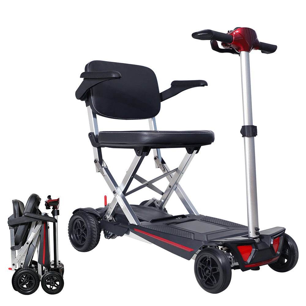 Red and silver folding mobility scooter with black padded seat and armrests