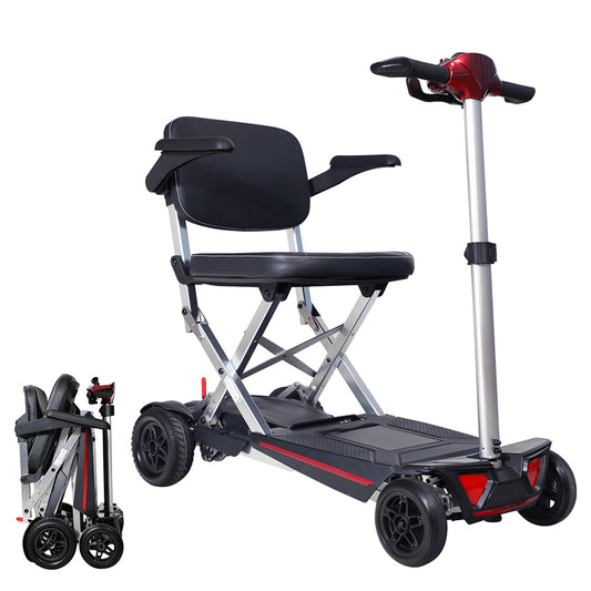 Red and silver folding mobility scooter with black padded seat and armrests
