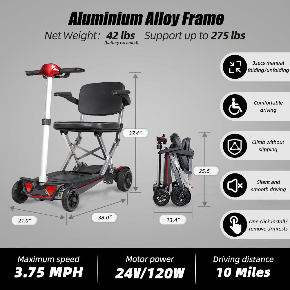 Red foldable mobility scooter with aluminium alloy frame ideal for travel