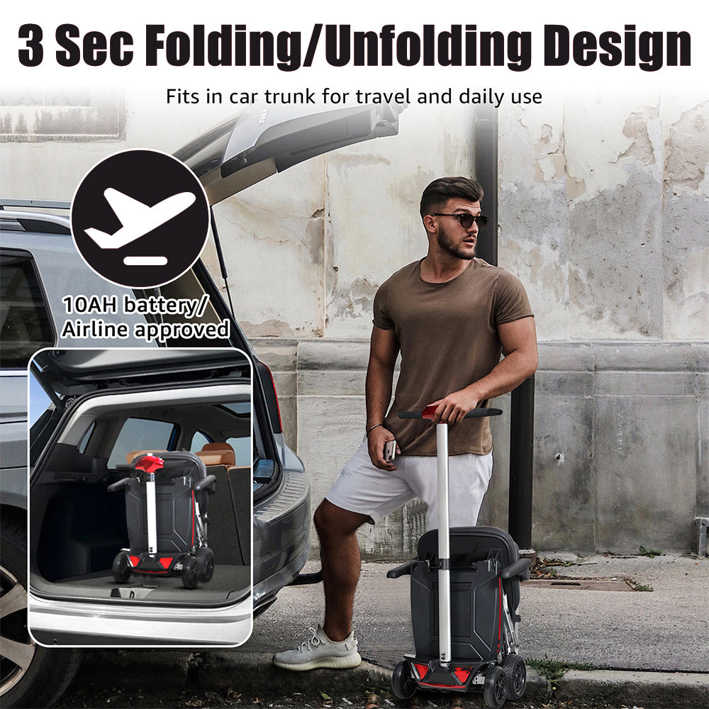 Compact foldable mobility scooter with red accents and airlineapproved battery