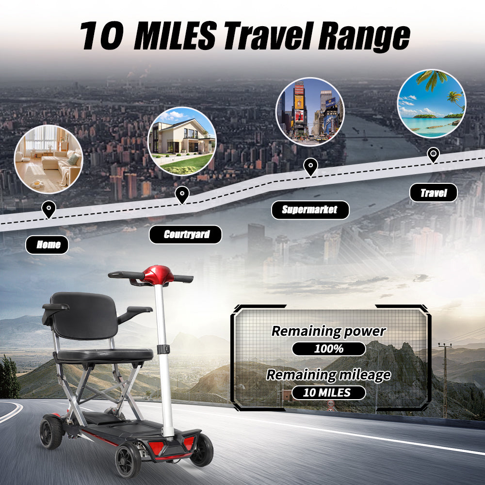 Red and silver foldable mobility scooter with mile travel range on asphalt road