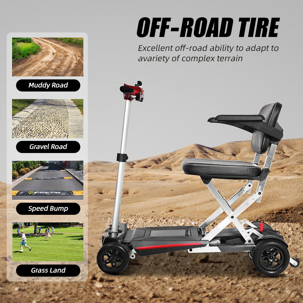 Foldable mobility scooter with large offroad tires on a desert terrain
