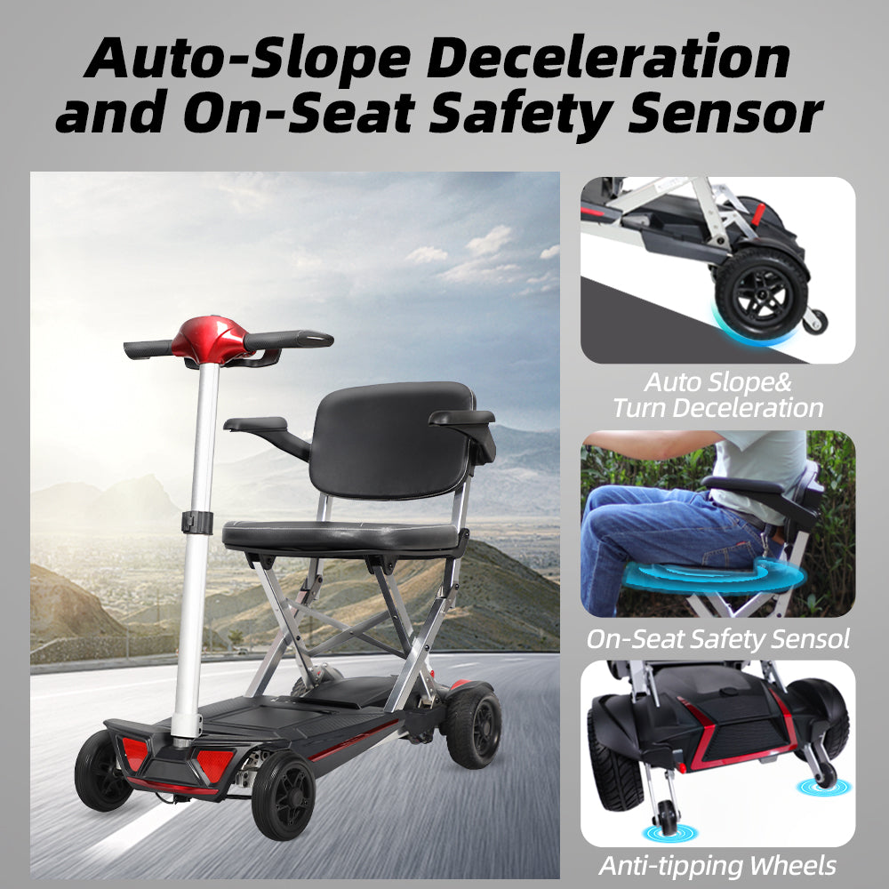 Black and red folding mobility scooter with armrests and adjustable steering column