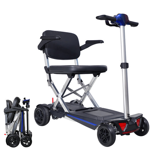 Black foldable mobility scooter with blue accents ready for travel