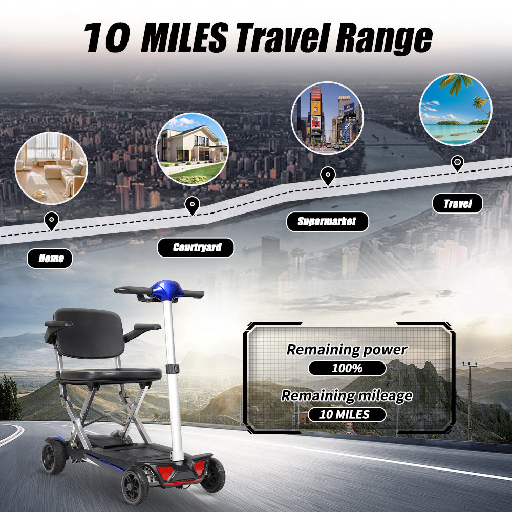 Foldable mobility scooter blue and black compact for easy travel
