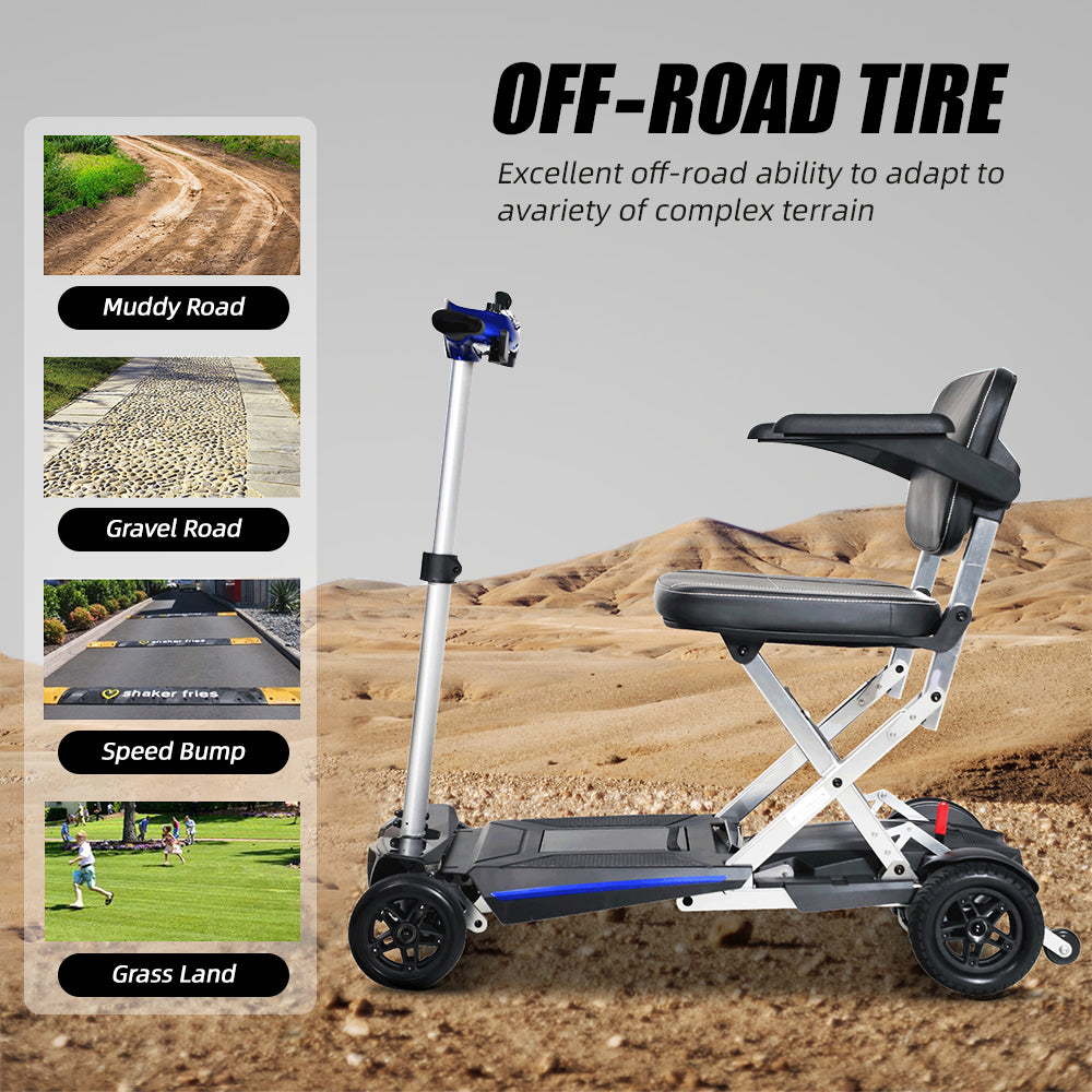 Foldable mobility scooter with offroad tires in a desert landscape