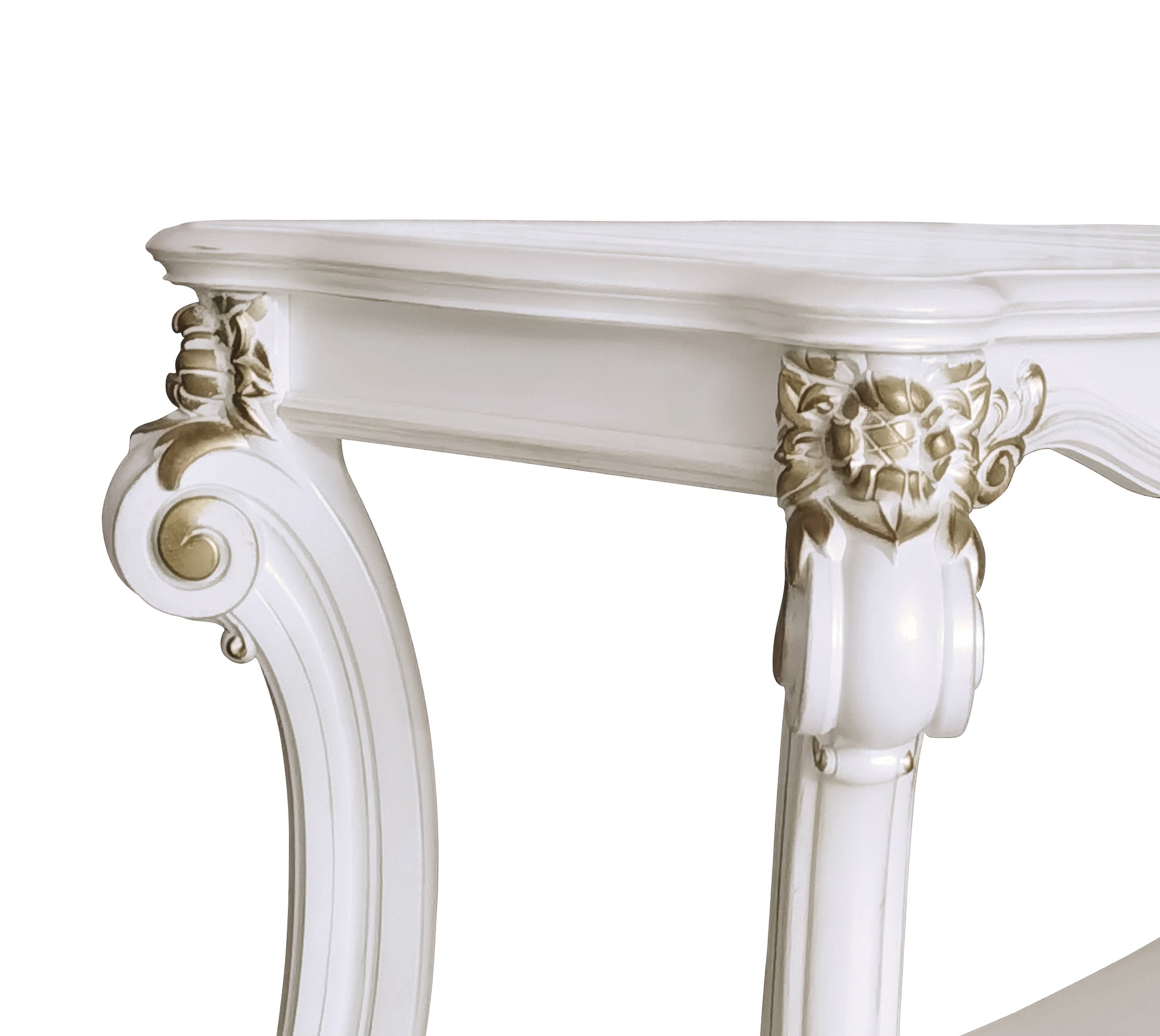 Ornate white console table with gold accents and carved details