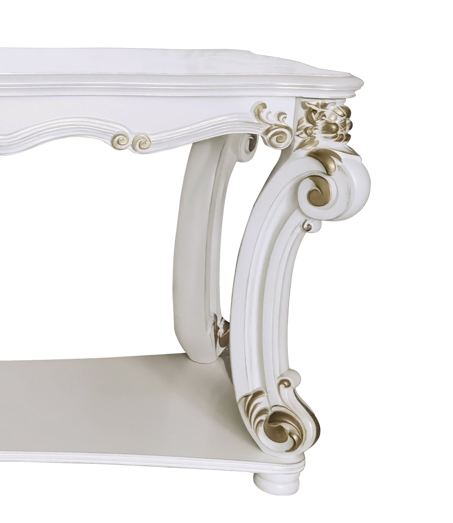 White ornate carved side table with gold accents and curved legs