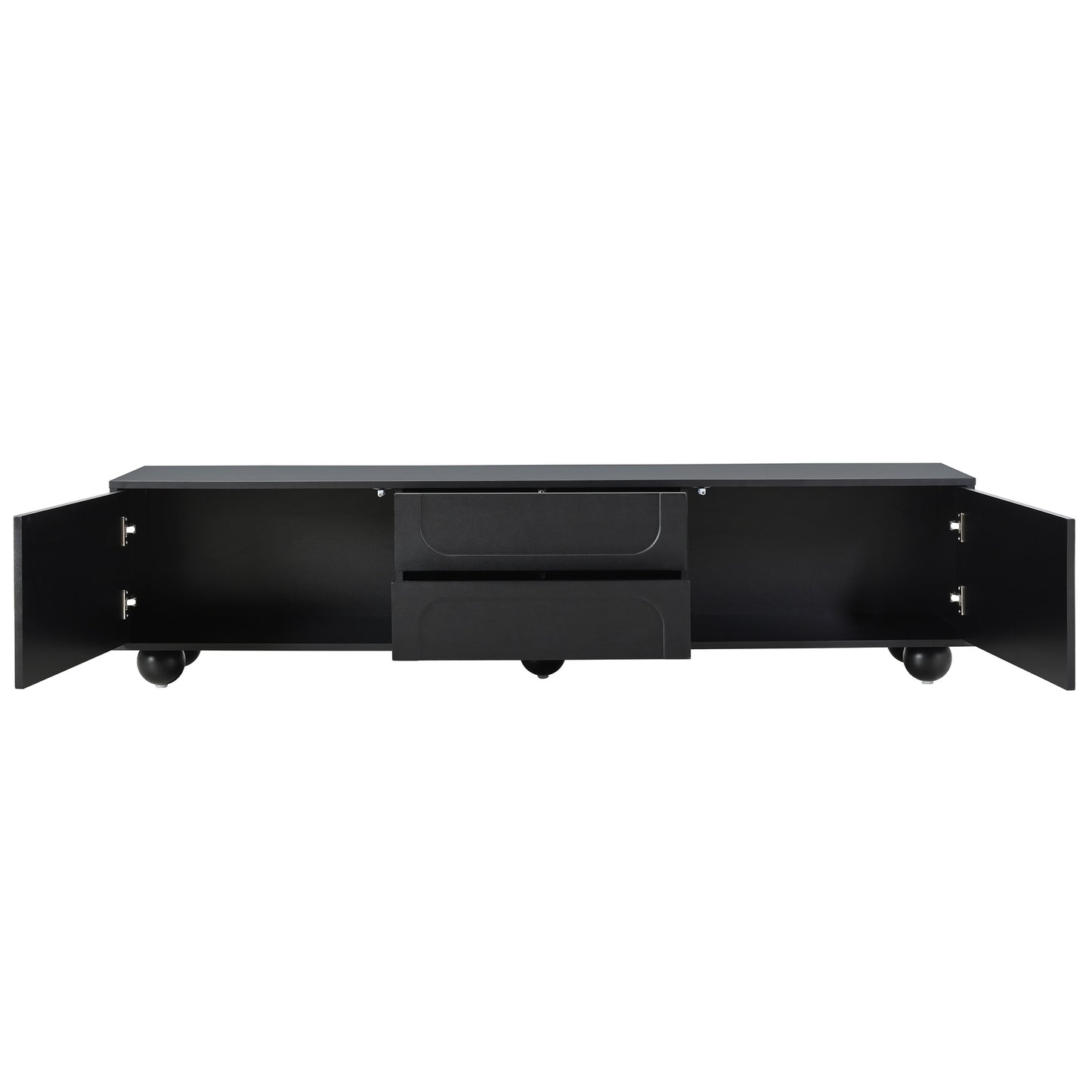 Modern black media console with open doors and two drawers